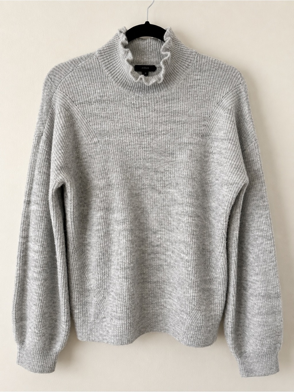 Halogen Gray Ribbed Ruffle Mock Neck Balloon Sleeve Sweater
